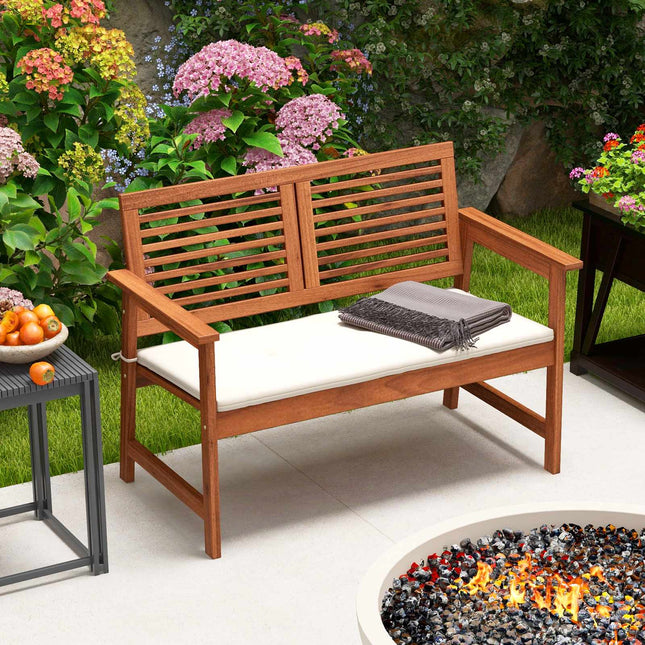 Patio Bench, Solid Wood, 2-Person, Backrest, Cushion