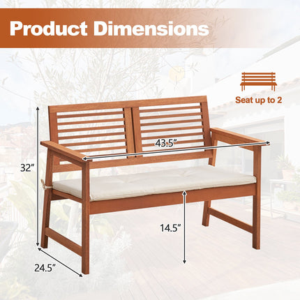 Patio Bench, Solid Wood, 2-Person, Backrest, Cushion