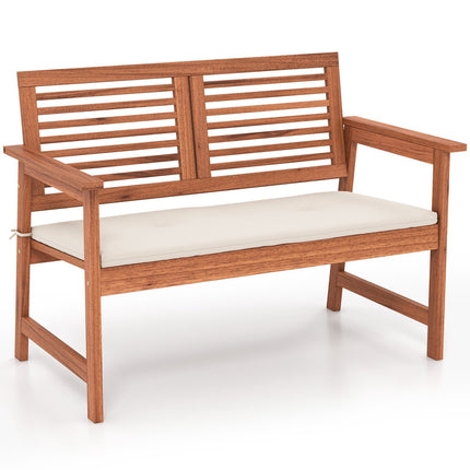 Patio Bench, Solid Wood, 2-Person, Backrest, Cushion