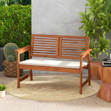 Patio Bench, Solid Wood, 2-Person, Backrest, Cushion