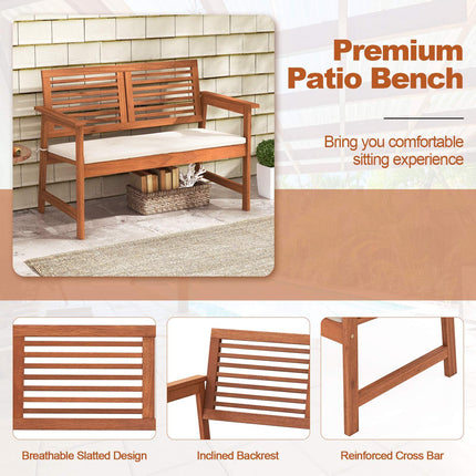 Patio Bench, Solid Wood, 2-Person, Backrest, Cushion