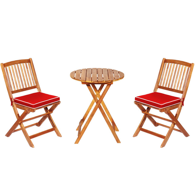 Patio Folding Acacia Wood Bistro Set, 3-Piece, Red Cushions