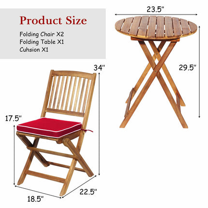 Patio Folding Acacia Wood Bistro Set, 3-Piece, Red Cushions