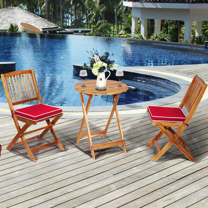 Patio Folding Acacia Wood Bistro Set, 3-Piece, Red Cushions