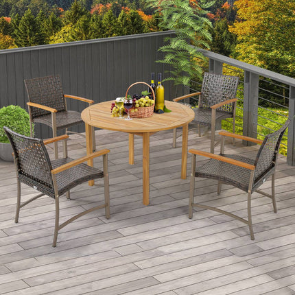 Patio Rattan Dining Chairs Set of 4, Acacia Armrests
