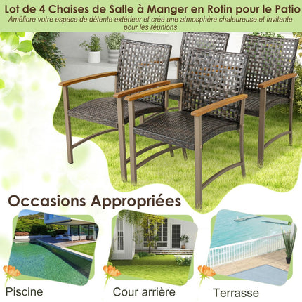 Patio Rattan Dining Chairs Set of 4, Acacia Armrests
