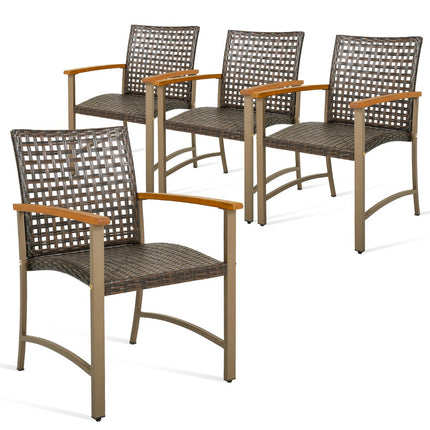 Patio Rattan Dining Chairs Set of 4, Acacia Armrests