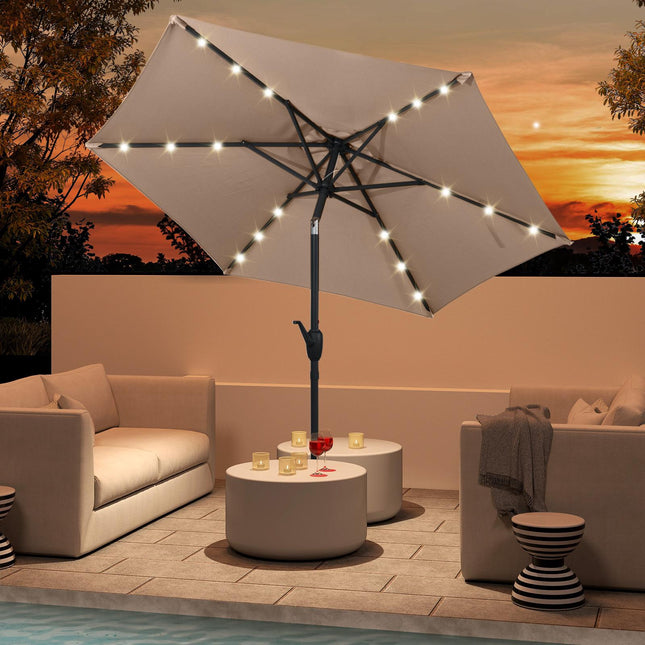 Patio Umbrella 230 cm, Solar LED, Crank Tilt, Light Brown