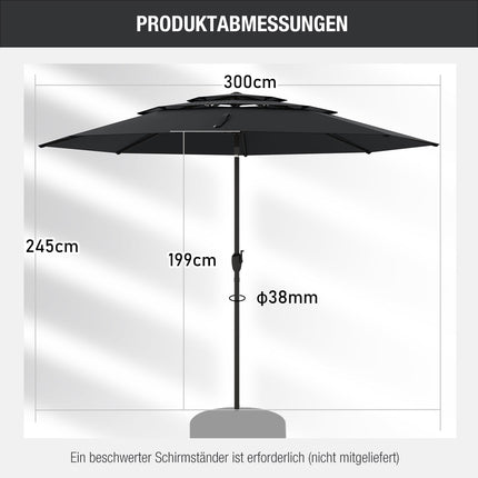 Patio Umbrella, 300 cm, Ventilated, Tilt Function, Black