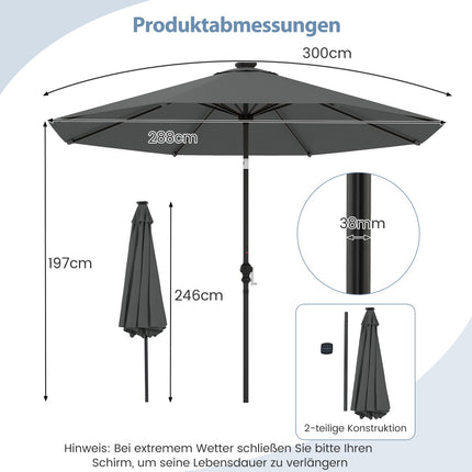 Patio Umbrella 300cm with Solar LED Lights, 9 Modes