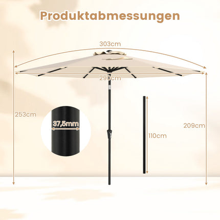 Patio Umbrella 303 cm Diameter, Tilt Function, Beige