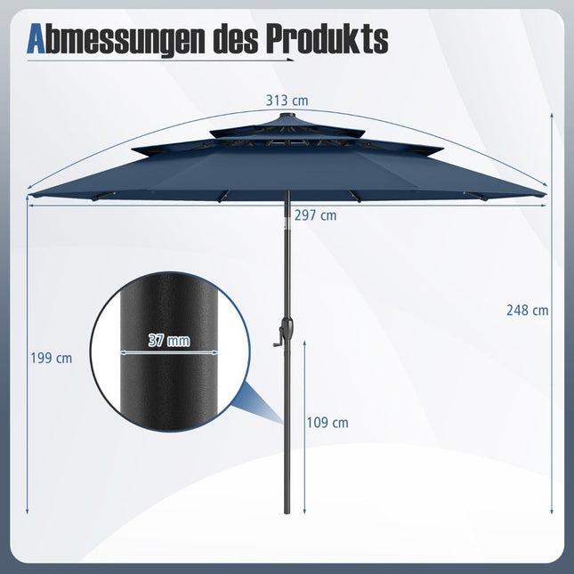 Patio Umbrella, 3-Tier, Solar LED, Tilting, Navy Blue