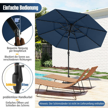 Patio Umbrella, 3-Tier, Solar LED, Tilting, Navy Blue