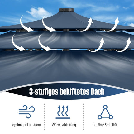 Patio Umbrella, 3-Tier, Solar LED, Tilting, Navy Blue
