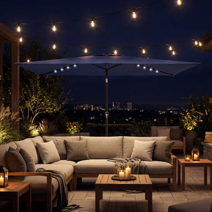 Patio Umbrella with Solar LED Lights, Tilt & Crank, Navy