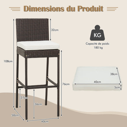 Patio Wicker Bar Stools, Cushioned, Set of 2, 30 Inch