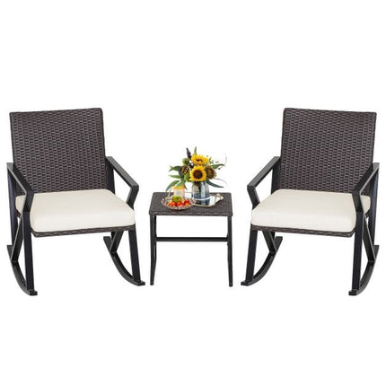 Patio Wicker Rocking Chair Set, 3-Piece With Table, Cushions