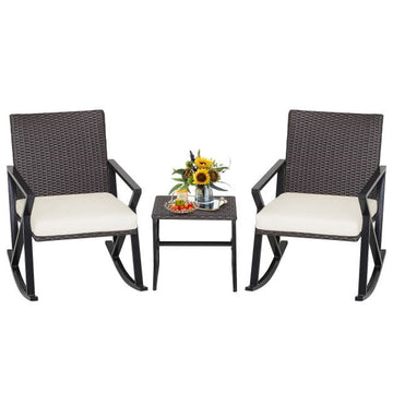 Patio Wicker Rocking Chair Set, 3-Piece With Table, Cushions