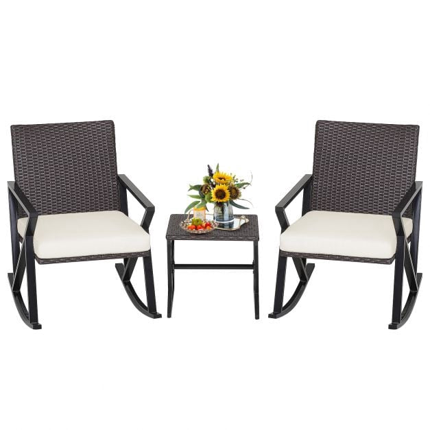 Patio Wicker Rocking Chair Set, 3-Piece With Table, Cushions
