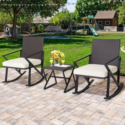 Patio Wicker Rocking Chair Set, 3-Piece With Table, Cushions