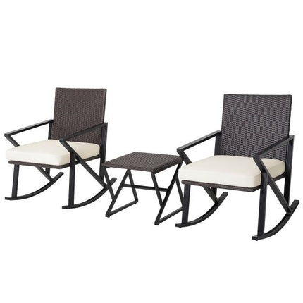 Patio Wicker Rocking Chair Set, 3-Piece With Table, Cushions
