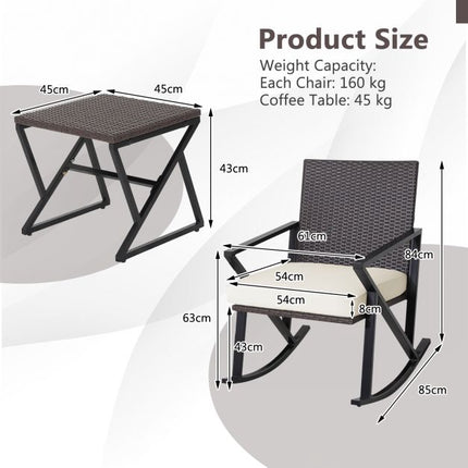 Patio Wicker Rocking Chair Set, 3-Piece With Table, Cushions