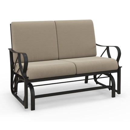 Patio bench with cushions sprayed metal frame curved armrests ergonomic design brown