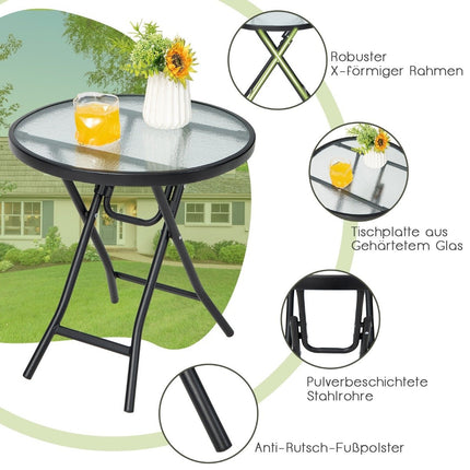Patio dining table round glass table with tempered glass table top 46.5 x 46.5 x 47.5 cm black