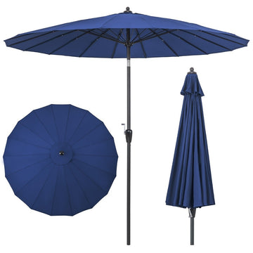 Patio umbrella with 18 fiberglass ribs & tilt at the push of a button & crank table umbrella navy blue