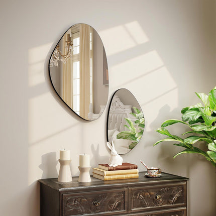 Pebble-Shaped Wall Mirror Set, Black Metal Frame