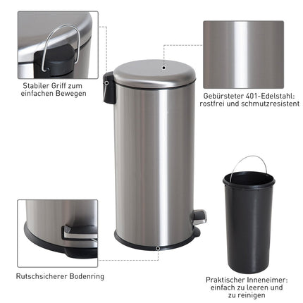 30L pedal container in stainless steel with inner compartment