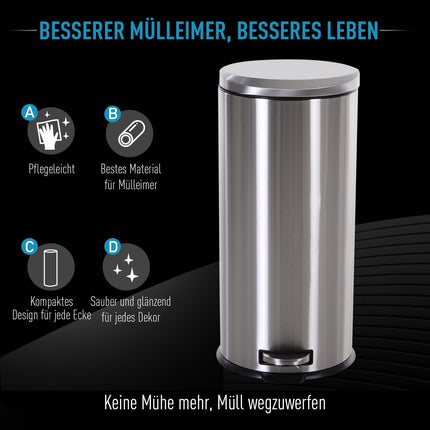 30L pedal container in stainless steel with soft-closing lid