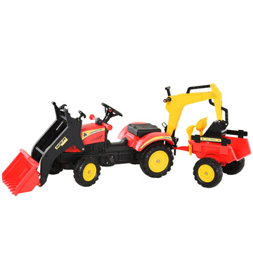 Pedal tractor for children with trailer and front loader, red