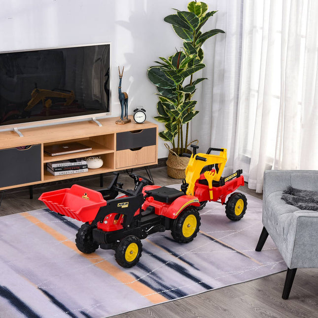 Pedal tractor for children with trailer and front loader, red