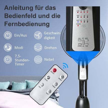 Pedestal fan with mist, timer, adjustable angle, 3 positions
