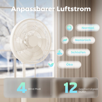 Pedestal Fan with Remote, 12 Speeds, Adjustable Height, White