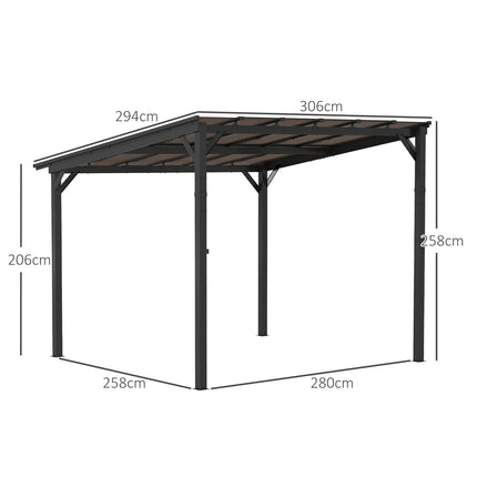 Pergola paviljoen ca. 3x3m, waterdichte, stabiele, wintervaste terrasoverkapping met UV-bescherming 50+, wandgemonteerd tuinpaviljoen van metaal, zonwering voor tuin, terras, balkon, donkergrijs