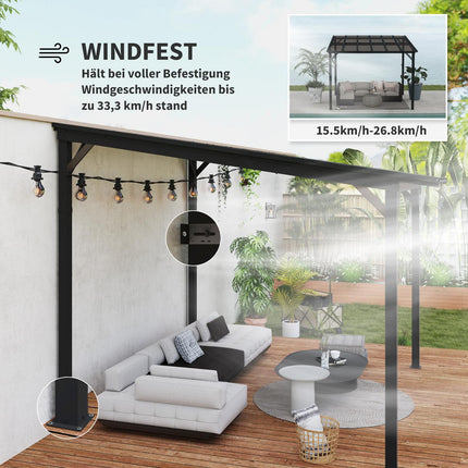 Pergola paviljoen ca. 3x3m, waterdichte, stabiele, wintervaste terrasoverkapping met UV-bescherming 50+, wandgemonteerd tuinpaviljoen van metaal, zonwering voor tuin, terras, balkon, donkergrijs