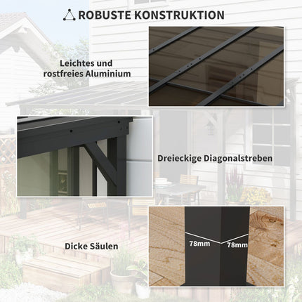 Pergola paviljoen ca. 3x3m, waterdichte, stabiele, wintervaste terrasoverkapping met UV-bescherming 50+, wandgemonteerd tuinpaviljoen van metaal, zonwering voor tuin, terras, balkon, donkergrijs