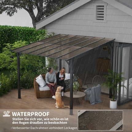 Pergola paviljoen ca. 3x3m, waterdichte, stabiele, wintervaste terrasoverkapping met UV-bescherming 50+, wandgemonteerd tuinpaviljoen van metaal, zonwering voor tuin, terras, balkon, donkergrijs