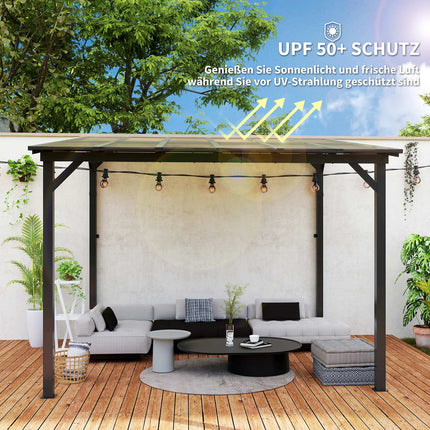 Pergola paviljoen ca. 3x3m, waterdichte, stabiele, wintervaste terrasoverkapping met UV-bescherming 50+, wandgemonteerd tuinpaviljoen van metaal, zonwering voor tuin, terras, balkon, donkergrijs