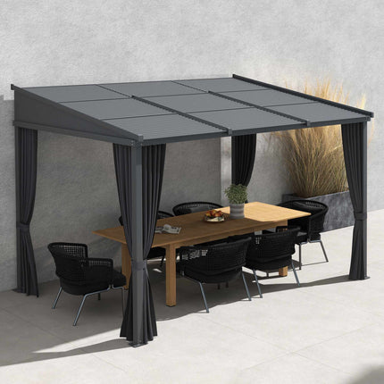 Pergola with Sliding Roof & Curtains, Dark Grey, 3.65x2.55m