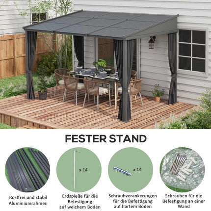 Pergola with Sliding Roof & Curtains, Dark Grey, 3.65x2.55m