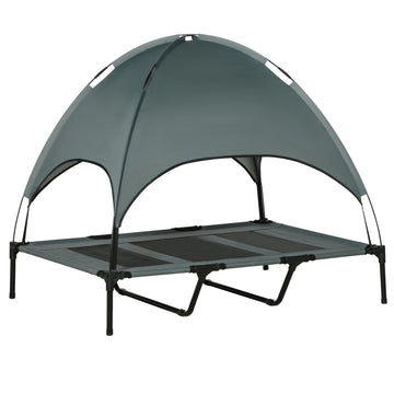 Raised outdoor dog bed with canopy, breathable fabric, gray