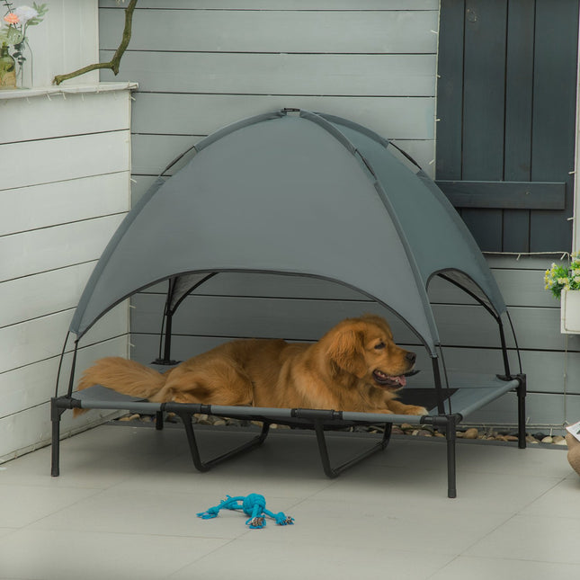 Raised outdoor dog bed with canopy, breathable fabric, gray
