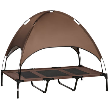 Elevated outdoor dog bed with canopy, breathable fabric