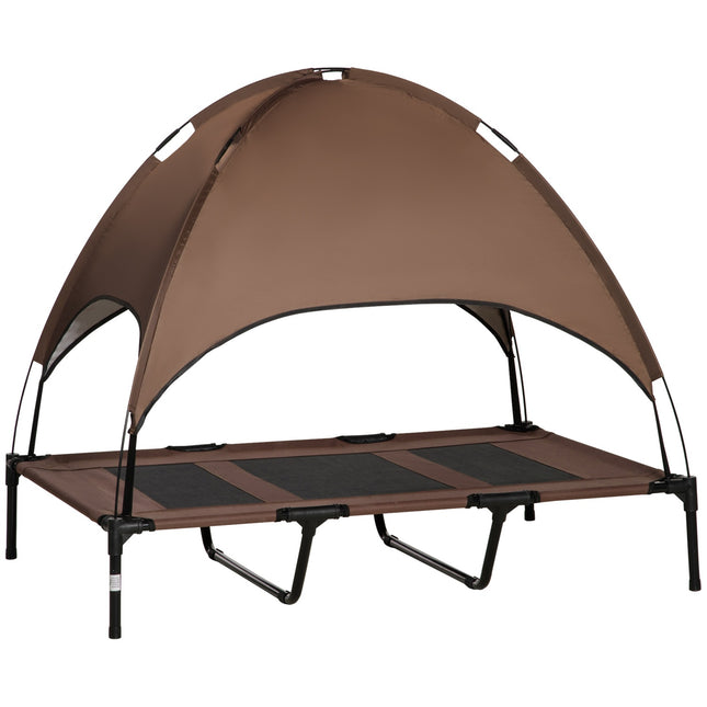Elevated outdoor dog bed with canopy, breathable fabric