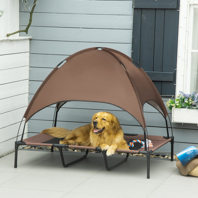 Elevated outdoor dog bed with canopy, breathable fabric