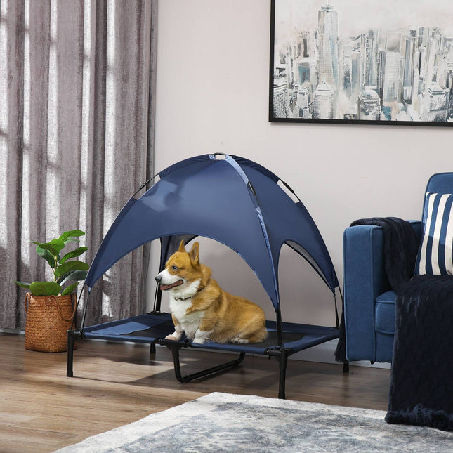 Elevated dog bed with canopy, breathable, medium, blue