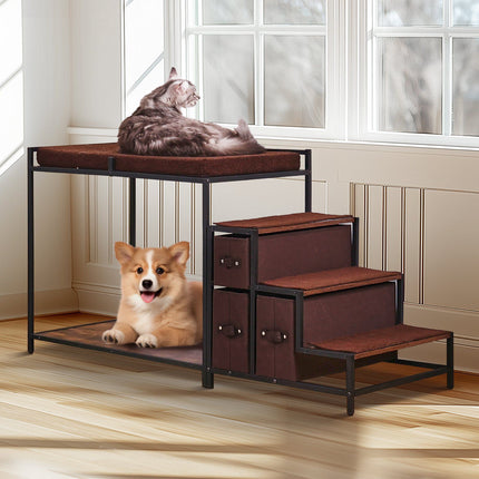 Pet Bunk Bed with Stairs, Window Perch, 3 Drawers